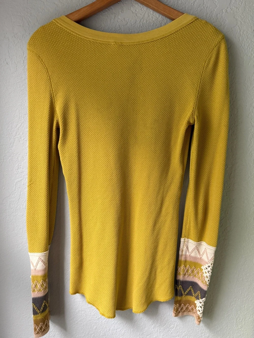Free People Kombucha Cuff Thermal Top Mustard Yellow M Waffle Knit Crochet